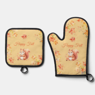Happy Fall Squirrel in Leaves Oven Mitt & Pot Holder Set