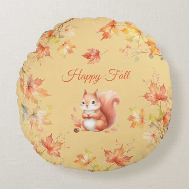 Happy Fall Squirrel in Leaves Round Cushion (Front)