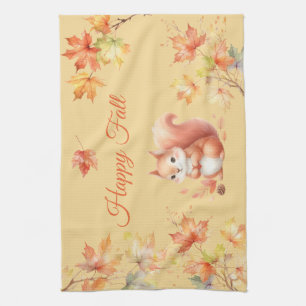 Happy Fall Squirrel in Leaves Tea Towel