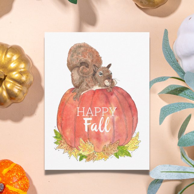 Happy Fall Squirrel on Pumpkin Postcard (Happy Fall Watercolor Postcard)