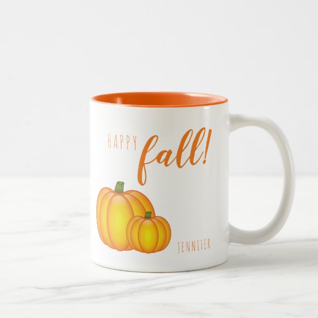 Happy Fall Text And Pumpkins Personalizable Name Two-Tone Coffee Mug (Right)
