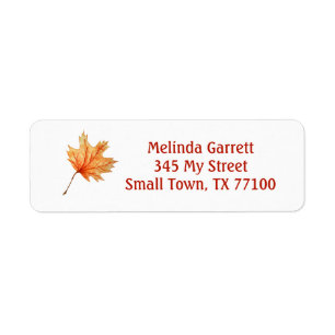 Happy Fall Watercolor Orange Maple Leaf Custom Return Address Label
