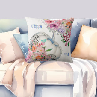 Happy Fall White Pumpkin Watercolor Floral Blooms Cushion