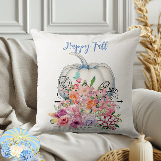 Happy Fall White Pumpkin Watercolor Pink Flora Cushion