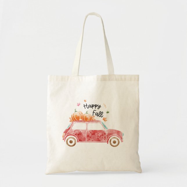 Happy Fall with Pink Car and Pumpkins Tote Bag (Front)