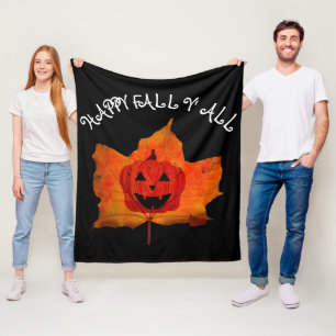 HAPPY FALL Y' ALL AUTUMN LEAVES FUNNY PUMPKIN FLEECE BLANKET