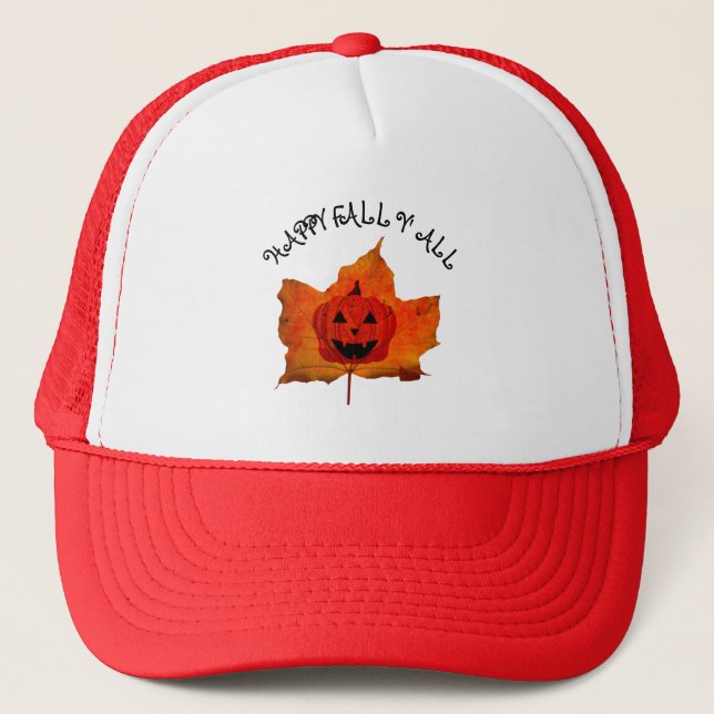 HAPPY FALL Y' ALL AUTUMN LEAVES FUNNY PUMPKIN  TRUCKER HAT (Front)
