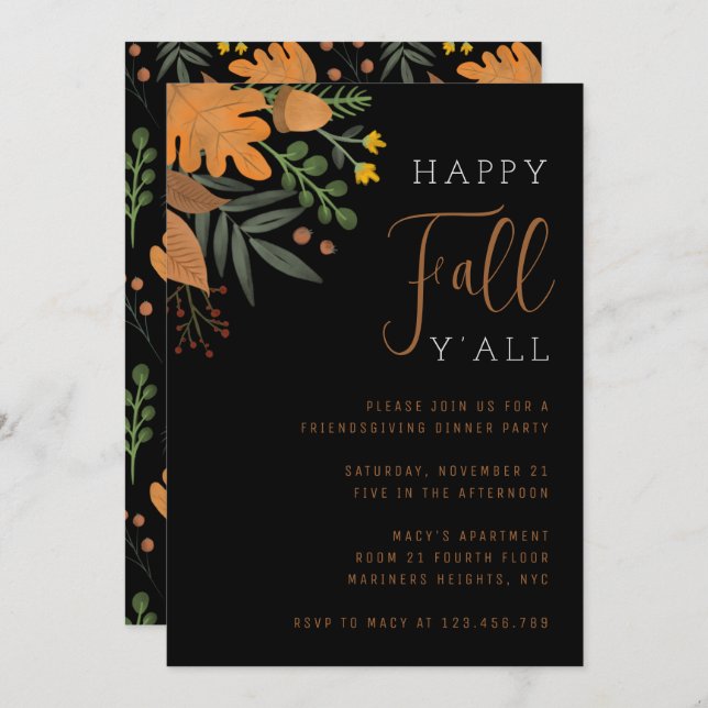 Happy Fall Y’all Autumn Leaves Thanksgiving Dinner Invitation (Front/Back)