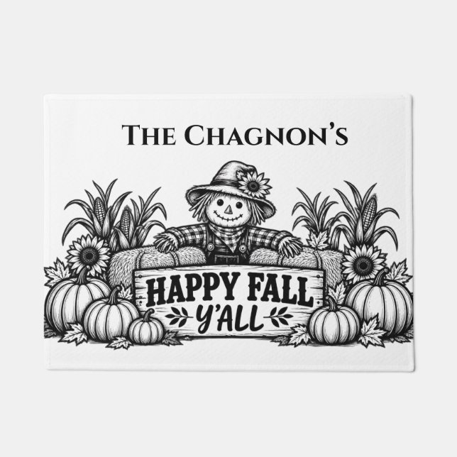 Happy Fall Y’all Scarecrow Pumpkin Rustic Doormat (Front)