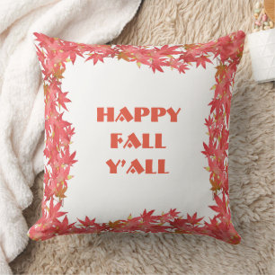 Happy Fall Y’all Watercolour Peach Maple Leaves  Cushion