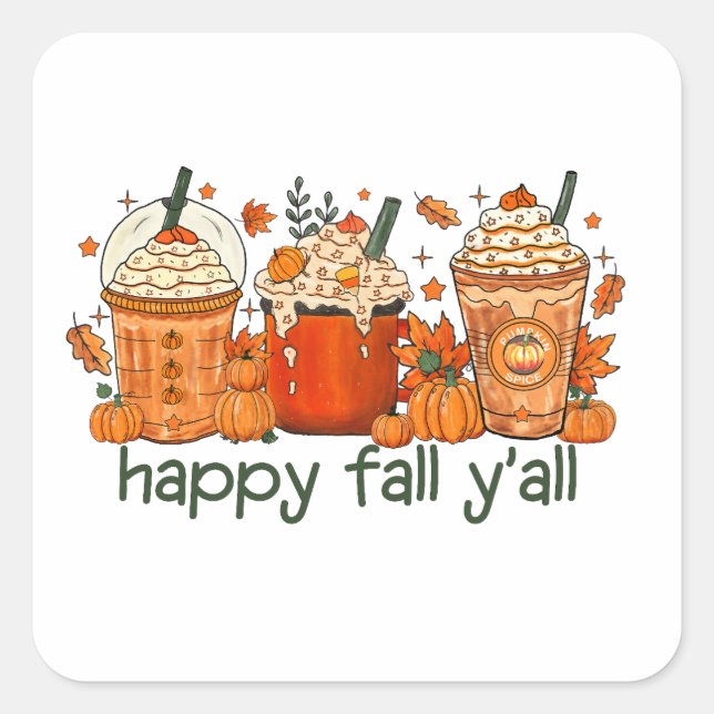 Happy Fall Y'all, Autumn and Pumpkin Spice Square Sticker (Front)