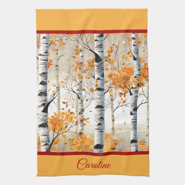 Happy Fall Y'All - Colourful Birch Tree Foliage Tea Towel (Vertical)
