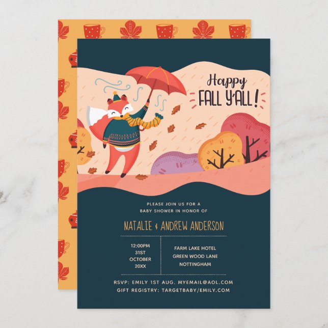 Happy Fall Ya'll Cosy Fox Folk Art Baby Shower Invitation (Front/Back)