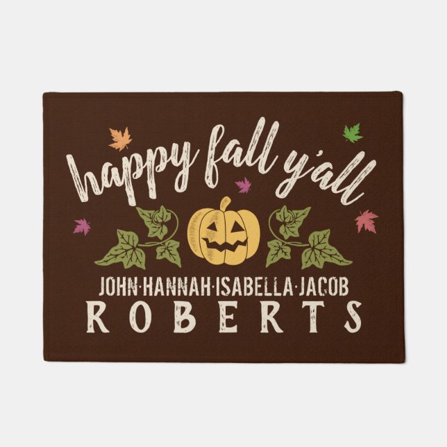 Happy Fall Y'all Custom Rustic Autumn Pumpkin Leaf Doormat (Front)