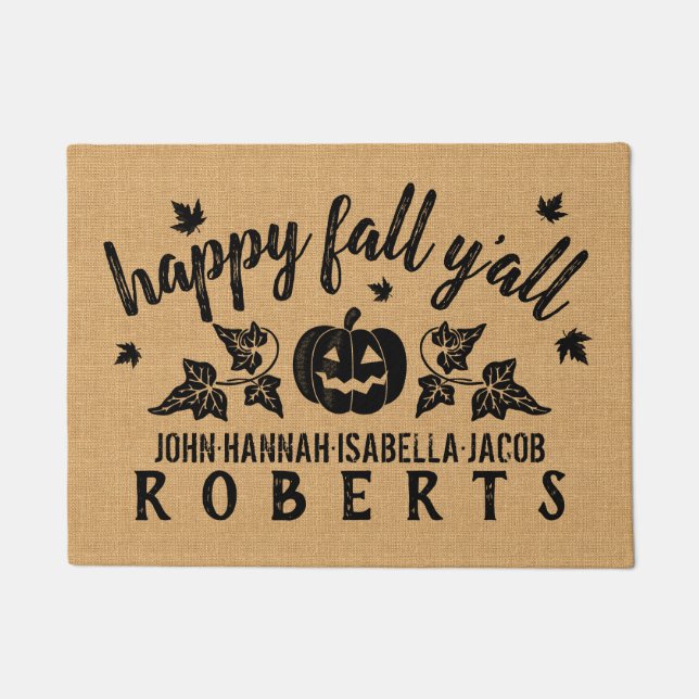 Happy Fall Y'all Custom Rustic Burlap Pumpkin Leaf Doormat (Front)