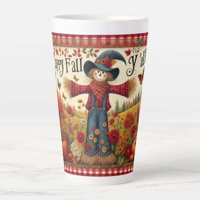 Happy Fall Yall Cute Folk Art Scarecrow Latte Mug (Front)
