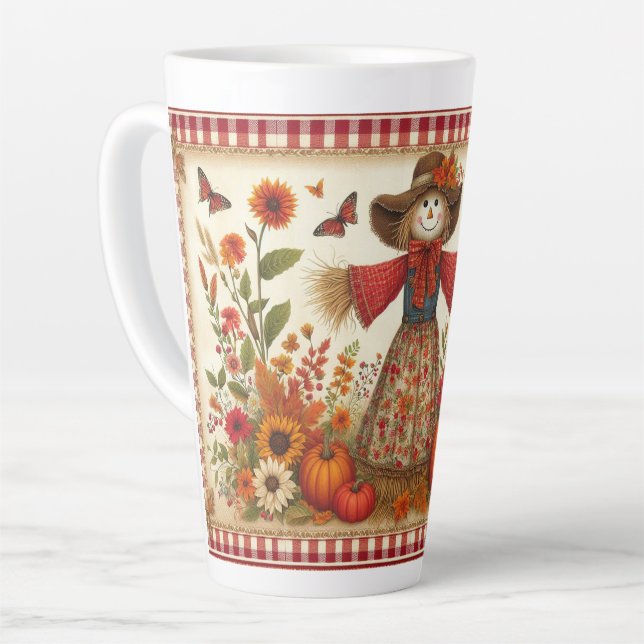 Happy Fall Yall Cute Folk Art Scarecrow Latte Mug (Left Angle)