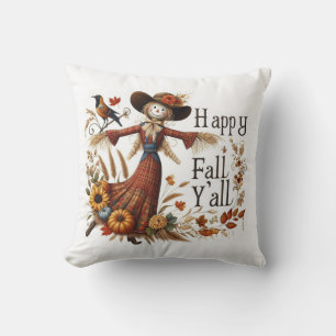 Happy Fall Ya'll Cute Scarecrow and Autumn Foliage Cushion