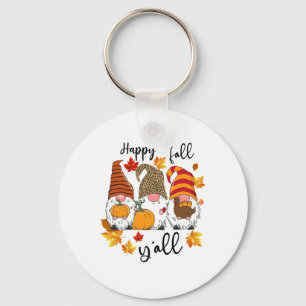 Happy Fall Y'all Cute Three Gnomes Leopard Pumpkin Key Ring