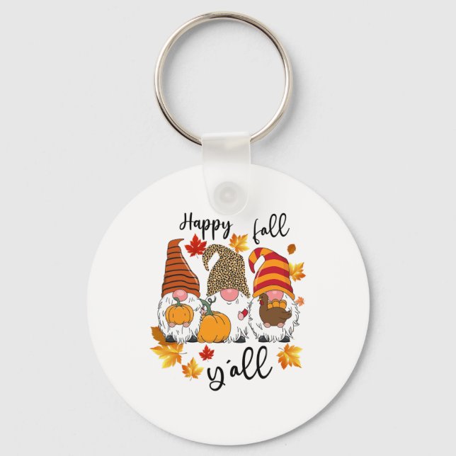 Happy Fall Y'all Cute Three Gnomes Leopard Pumpkin Key Ring (Front)