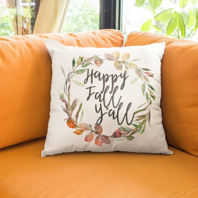 Happy Fall Y'all Fall Boho Watercolor Leaves Cushion (Creator Uploaded)