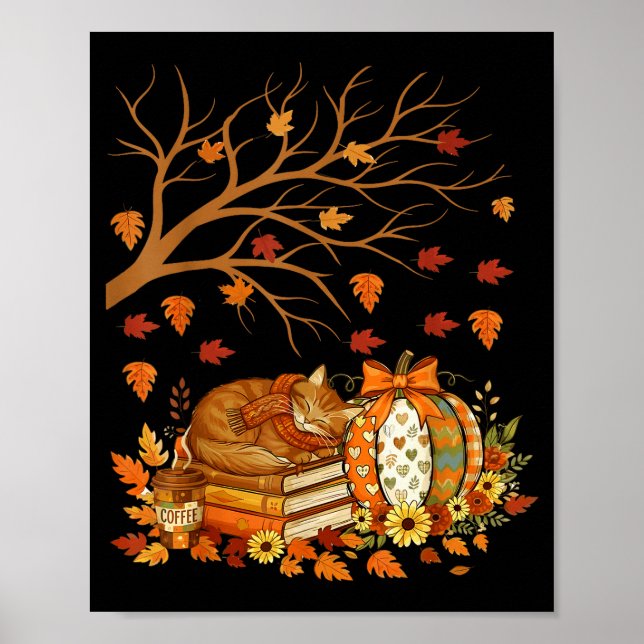 Happy Fall Y'all Floral Pumpkin Autumn Coffee Cat  Poster (Front)