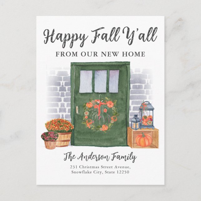 Happy Fall Y'All Front Door Pumpkin Holiday Moving Announcement Postcard (Front)