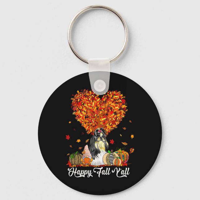 Happy Fall Y'all Funny Shih Tzu Autumn Pumpkins  Key Ring (Front)
