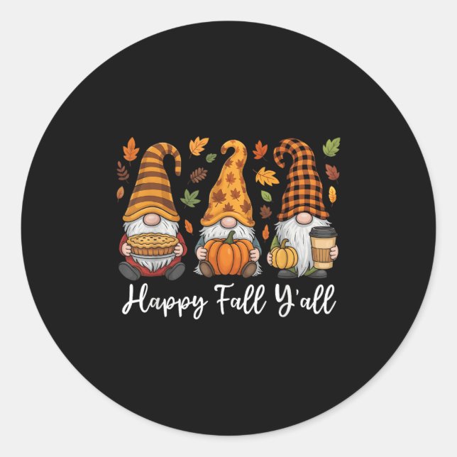 Happy Fall Y'all Gnome Pumpkin Autumn Thanksgiving Classic Round Sticker (Front)