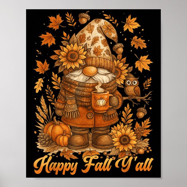 Happy Fall Y'all Gnome Pumpkin Autumn Thanksgiving Poster (Front)