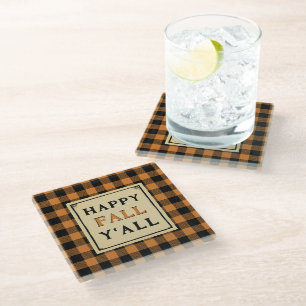 happy fall y'all orange check throw pillow glass coaster