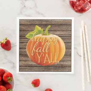 Happy Fall Y'all Orange Pumpkin on Planks Pattern Napkin