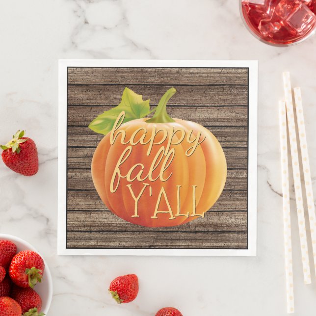 Happy Fall Y'all Orange Pumpkin on Planks Pattern Napkin (Insitu)