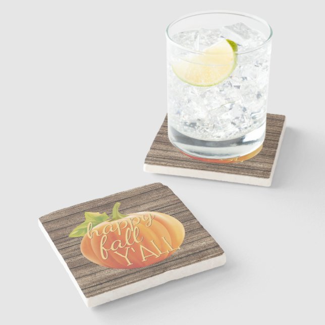 Happy Fall Y'all Orange Pumpkin on Planks Pattern Stone Coaster (Side)