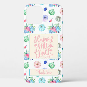 Happy Fall Y'All Pastel Pumpkins Pink  Blue Name iPhone 12 Case