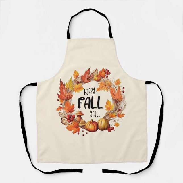 Happy Fall Y'all – Pumpkin & Autumn Leaves Wreath Apron (Front)