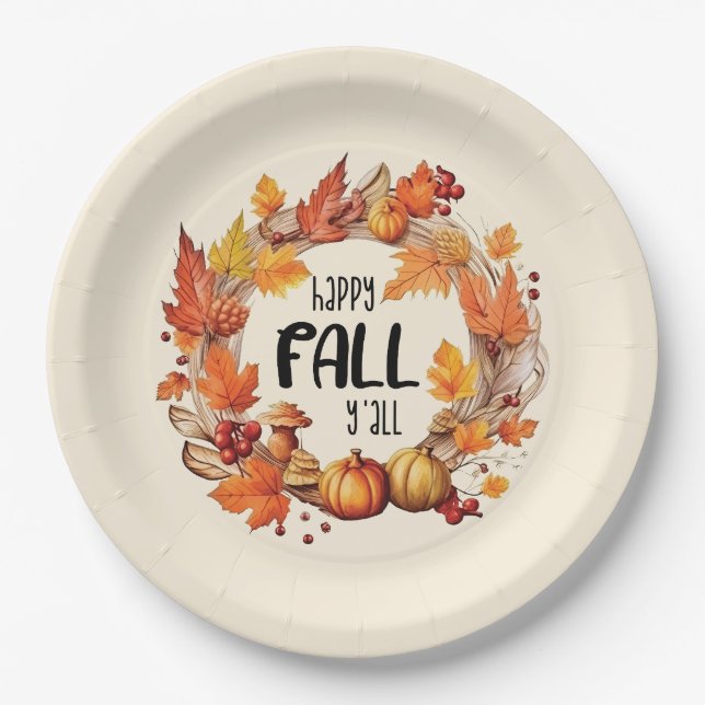 Happy Fall Y'all – Pumpkin & Autumn Leaves Wreath Paper Plate (Front)