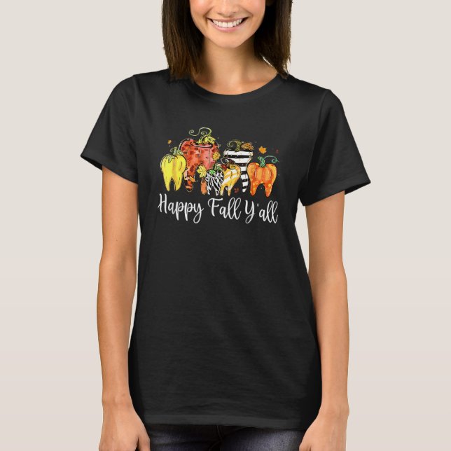 Happy Fall Y'all Pumpkin Tooth Lepard Zebra Hallow T-Shirt (Front)