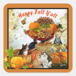 Happy Fall Y'all Pumpkins and Cats Seasonal Square Sticker