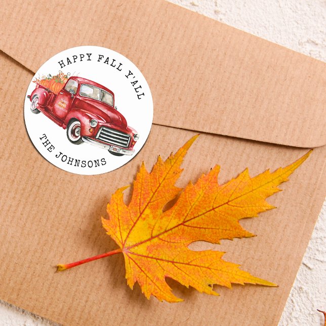 Happy Fall Y'all Red Truck Pumpkins Classic Round Sticker (Happy Fall Y'all Red Truck Pumpkins Square Sticker)