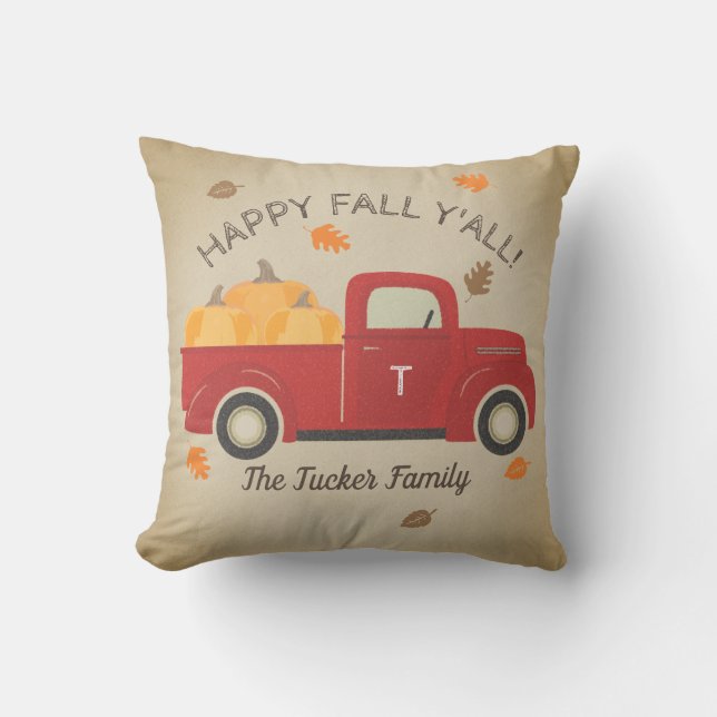 Happy FALL Y'all Red Truck Pumpkins Monogram Cushion (Front)