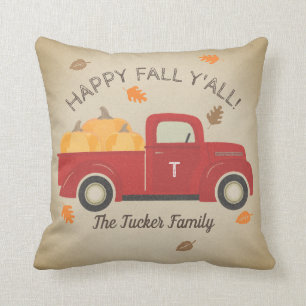 Happy FALL Y'all Red Truck Pumpkins Monogram Cushion