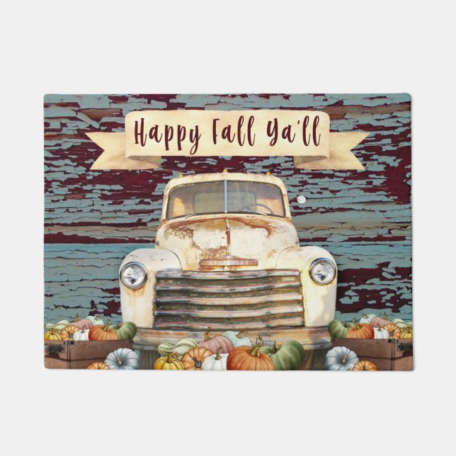 Happy Fall Ya'll Rustic Truck and Pumpkins Doormat (Front)