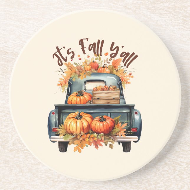 Happy Fall Y'all – Rustic Truck with Pumpkins Coaster (Front)