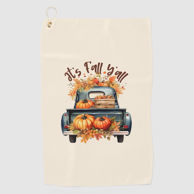 Happy Fall Y'all – Rustic Truck with Pumpkins Golf Towel (Front)