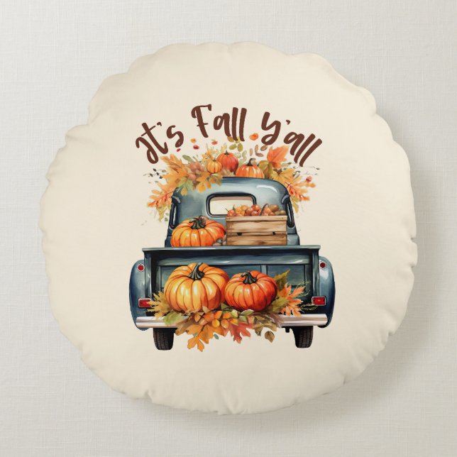 Happy Fall Y'all – Rustic Truck with Pumpkins Round Cushion (Front)
