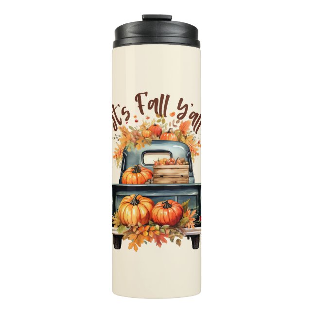 Happy Fall Y'all – Rustic Truck with Pumpkins Thermal Tumbler (Front)