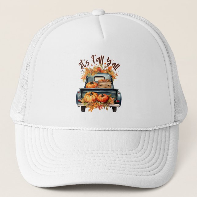 Happy Fall Y'all – Rustic Truck with Pumpkins Trucker Hat (Front)