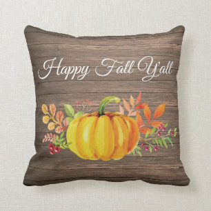 Happy Fall Y'all Rustic Watercolor Pumpkin Cushion