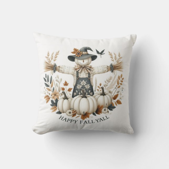 Happy Fall Y'all Scarecrow and Autumn Foliage Cushion (Front)